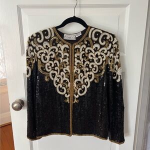Rima Z Black/gold/ivory Silk Sequin Hook&eye Jacket Size Small